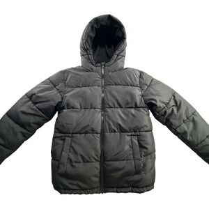 Swiss Tech Puffer Jacket Kids Size L 10-12 Black Hooded Fleece Lined Full Zip